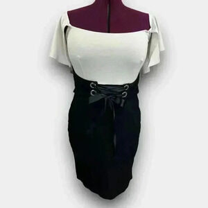 VENUS two tone flutter sleeve corset‎ detail dress black white size 14